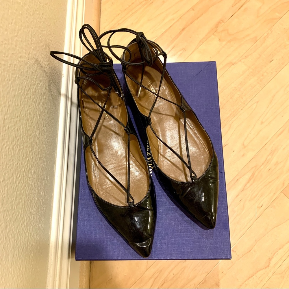 Aquazzura Christy lace-up black patent leather flats 40 9.5 9